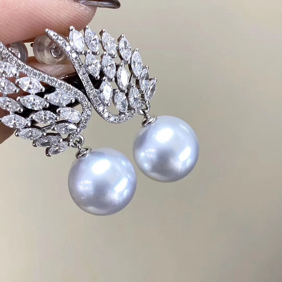 Diamond wing south sea pearl earrings 