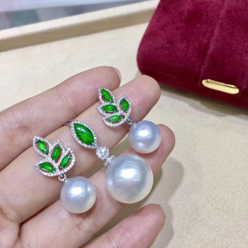Jadeite Leaf Earrings & Pendant Set
