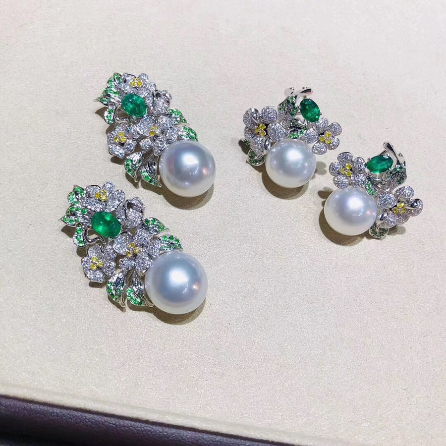 Summer Flower Emerald South Sea Pearl Earrings