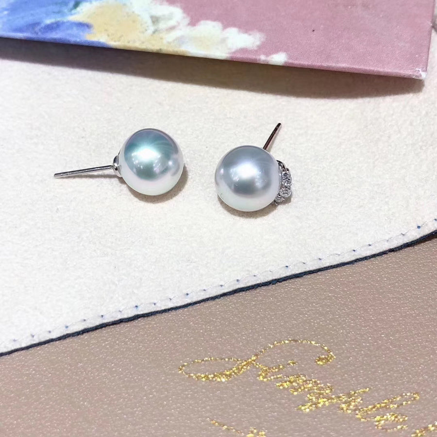 Diamond and Australian white south sea pearl ear studs
