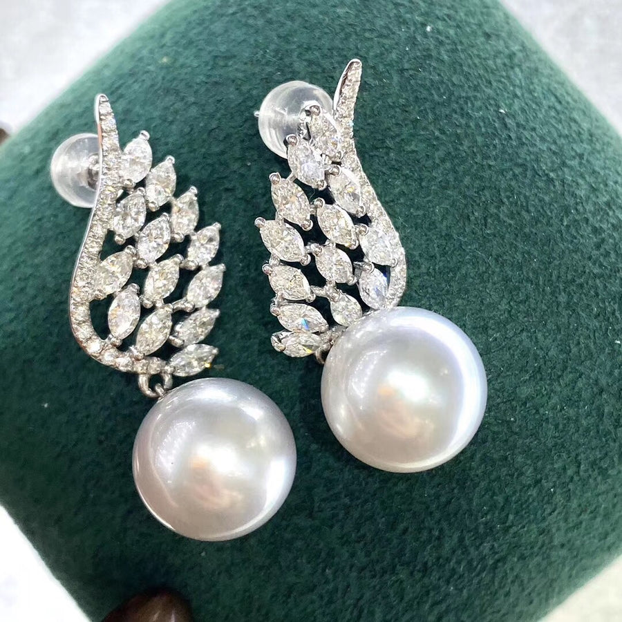 Diamond wing south sea pearl earrings 
