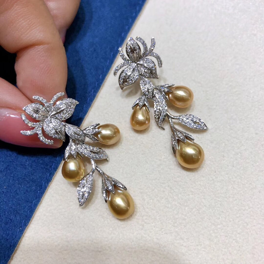 Diamond and golden south sea Keshi pearl earrings