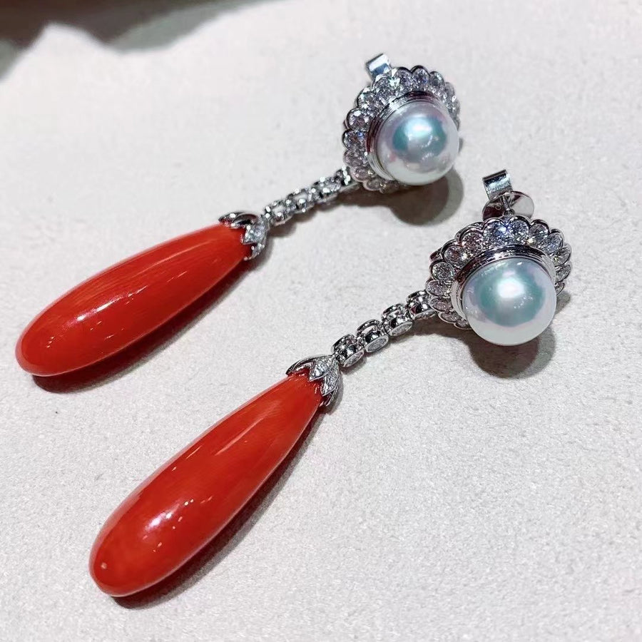 Red coral & Akoya pearl Earrings