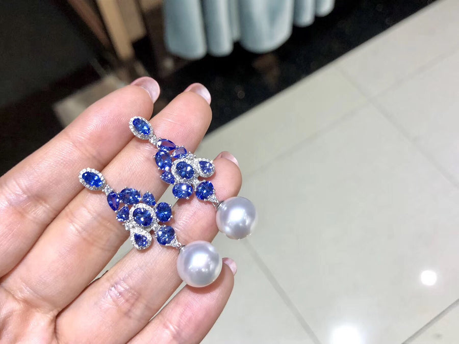 Tazanite & White South Sea Pearl Earrings 