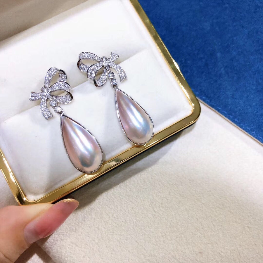 Diamond bow MABE pearl earrings 