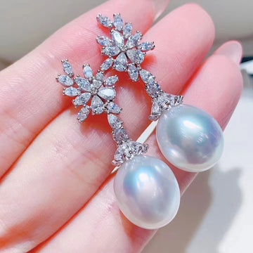 Diamond & Drop shaped South Sea pearl Earrings