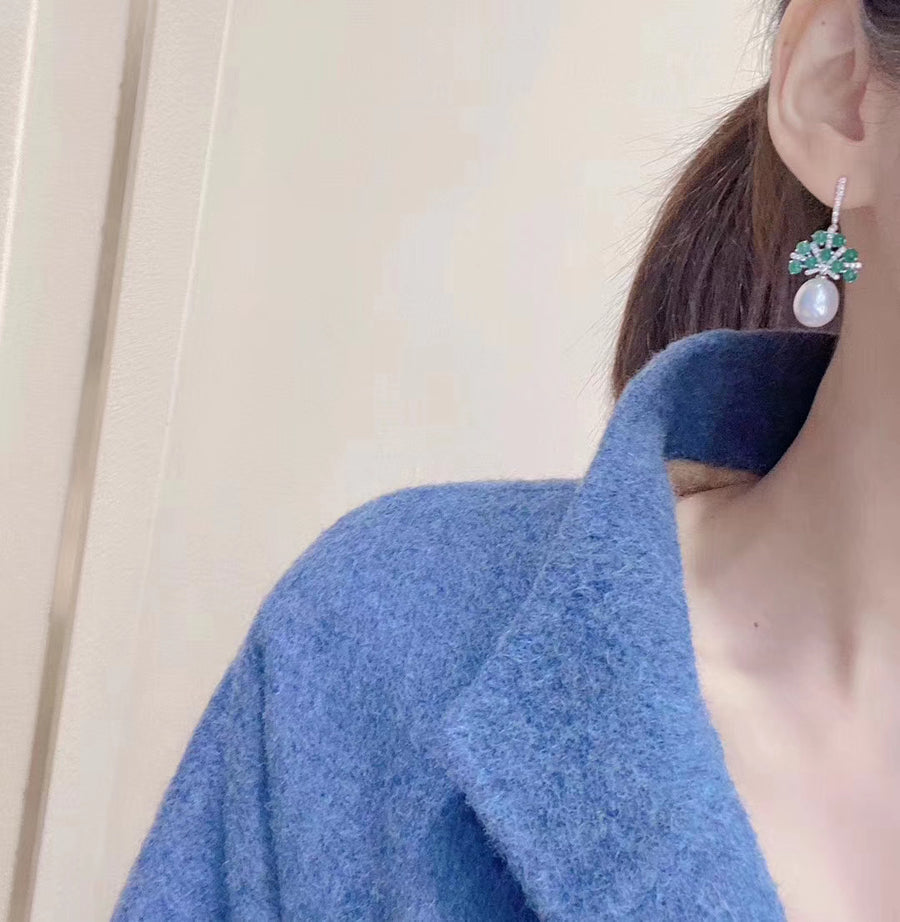 Emerald and Australian white south sea pearl earrings