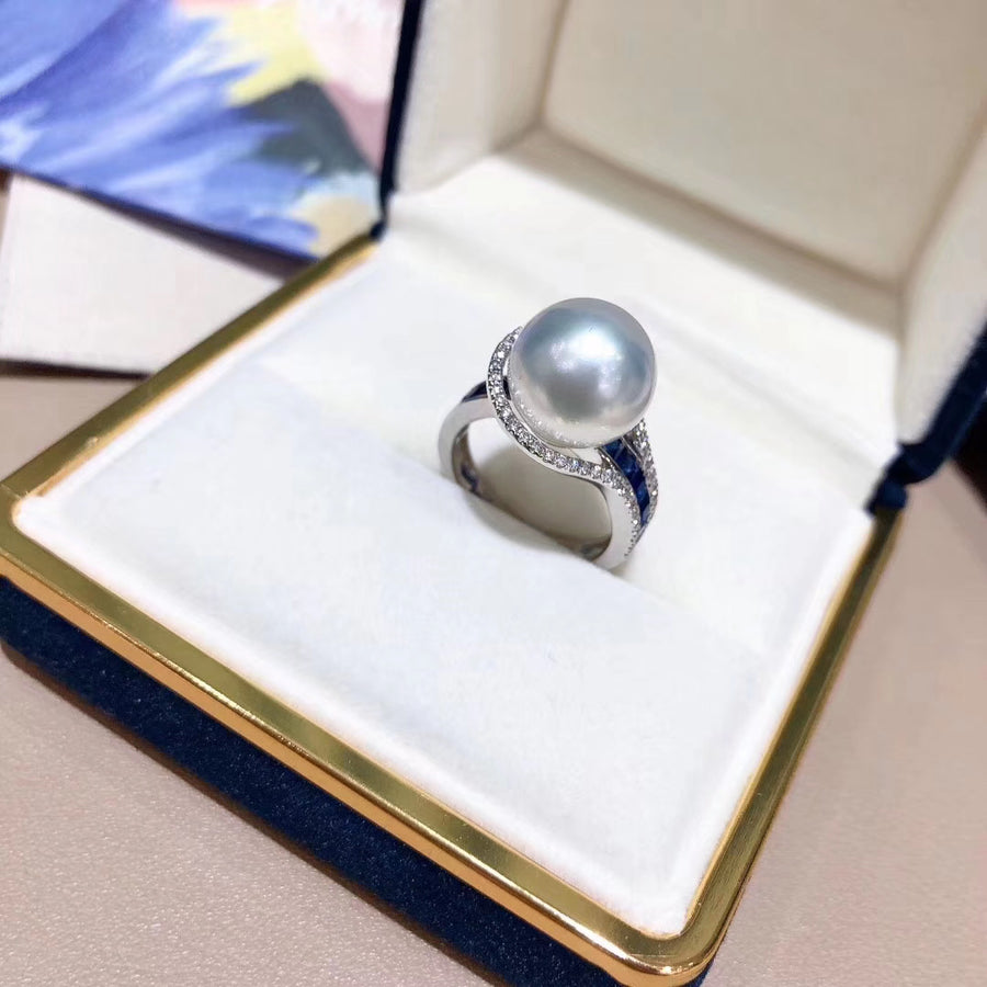 Sapphires and Australian white south sea pearl ring