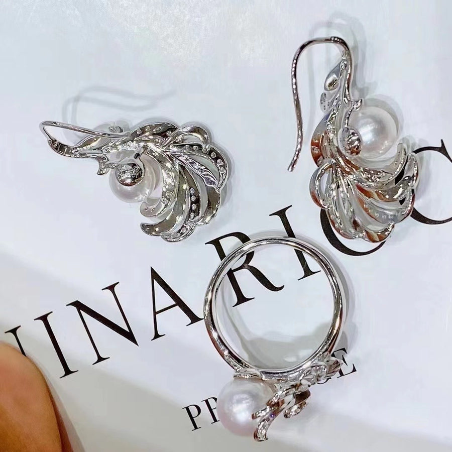 Diamond & Akoya pearl Ring&Earrings Set