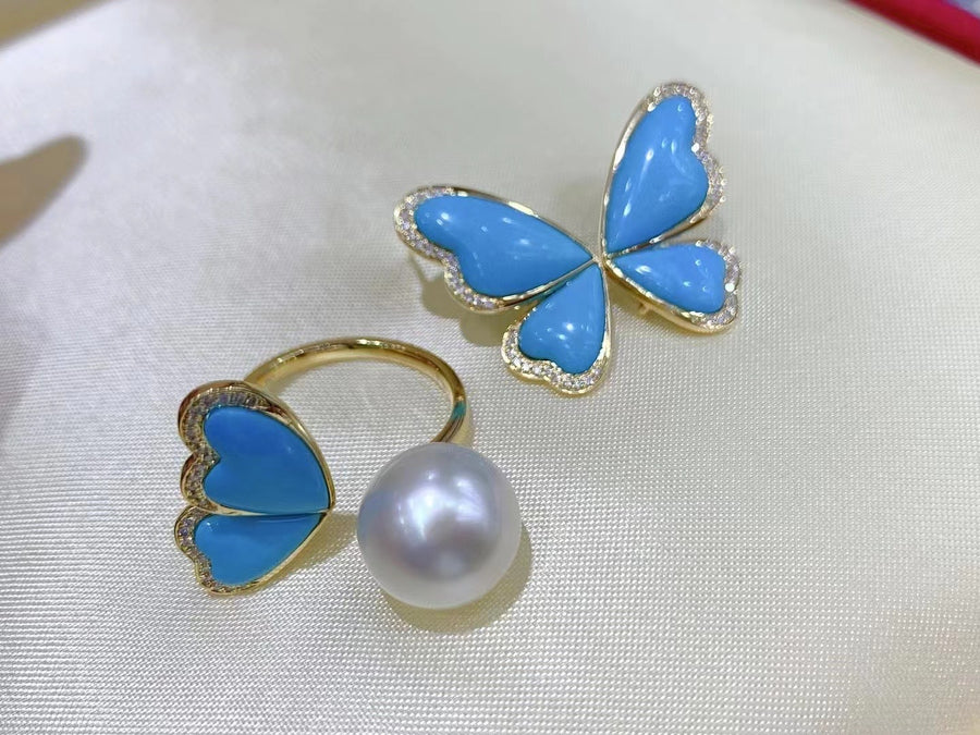 Turquoise & South Sea pearl Earrings & Ring Set