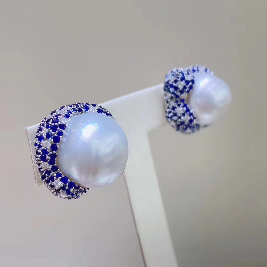Sapphire & Baroque pearl Ear Studs & Ring