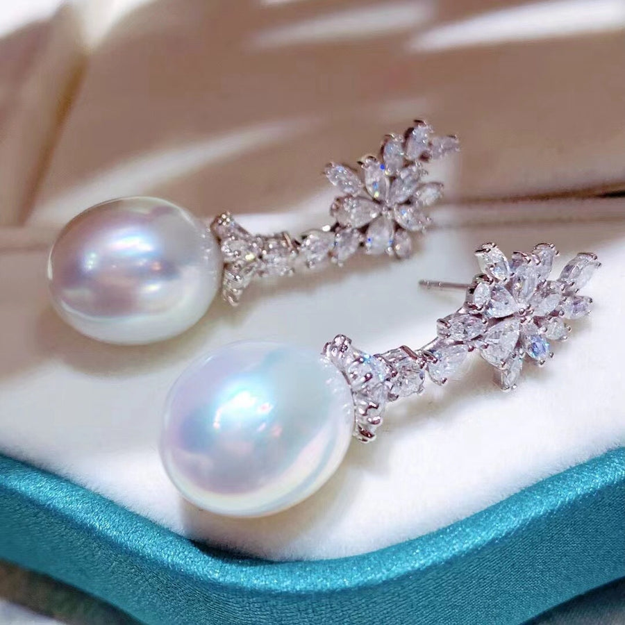 Diamond & Drop shaped South Sea pearl Earrings