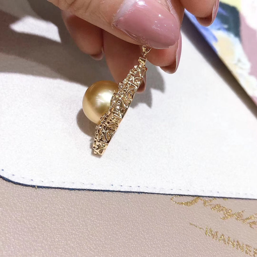 Diamond and Intense Golden south sea pearl pendant