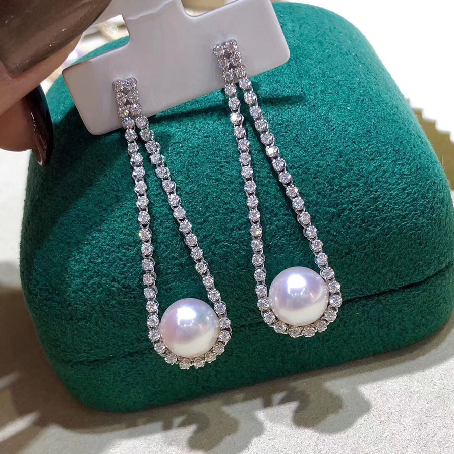 Diamond Chain Akoya Pearl Earrings