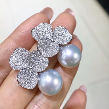 Diamond petal south sea pearl earrings
