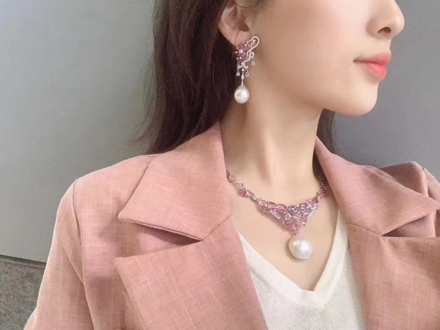 Sapphire & pearl Earrings&Necklace Set