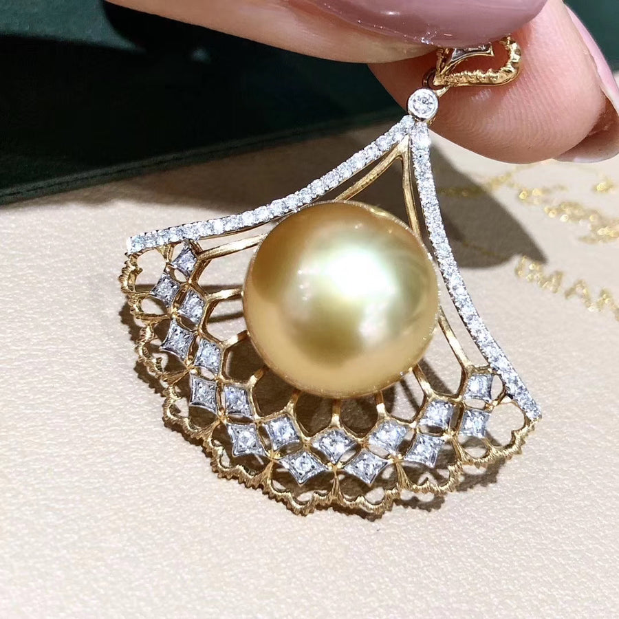 Diamond and Intense Golden South Sea pearl pendant