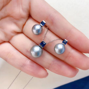 Sapphire and Tahitian pearl Ear Studs and Pendant Set