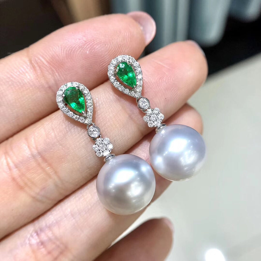 Emerald & White South Sea Pearl Earrings
